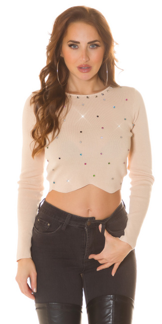 cropped Sweater with colorful glitter studs Beige
